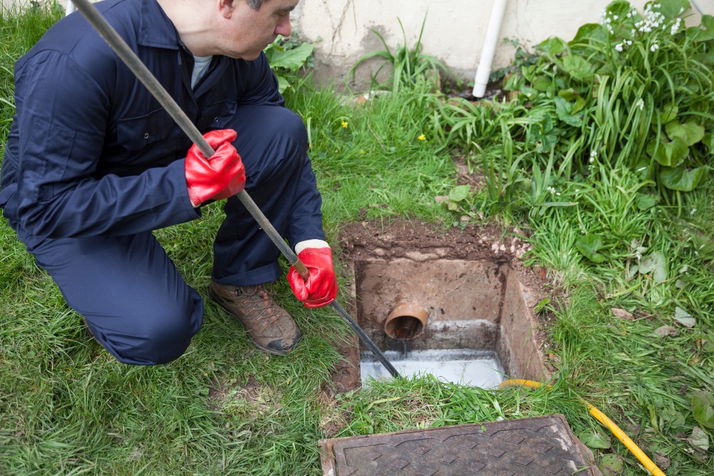 Drainlayer working on a drain on a lawn